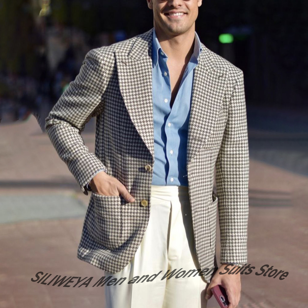 Mens Formal Look - Light Grey Houndstooth Men's Suits Single-Breasted