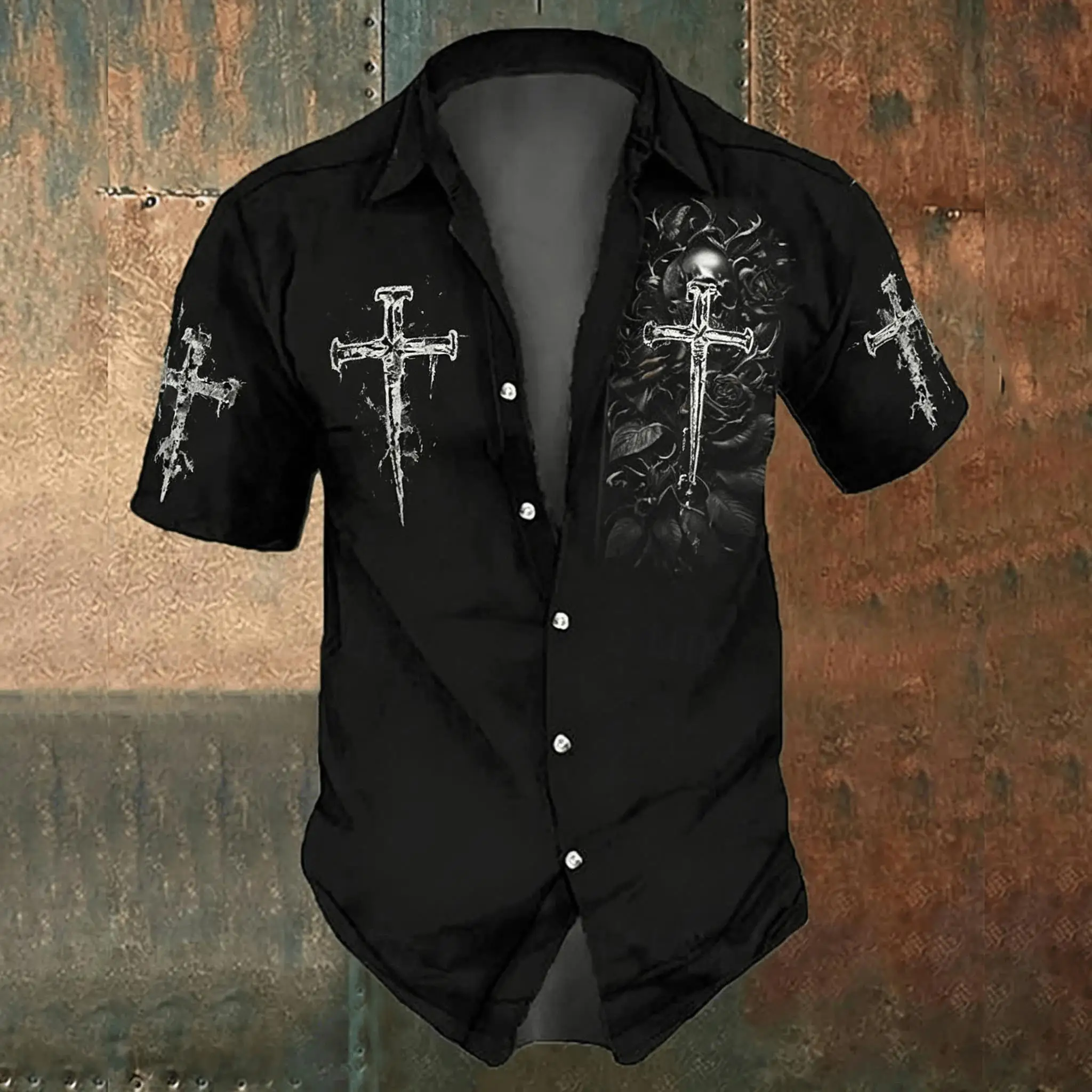 Men's black cross-print casual - Men'S Gothic Formal Wear ulasan dan harga